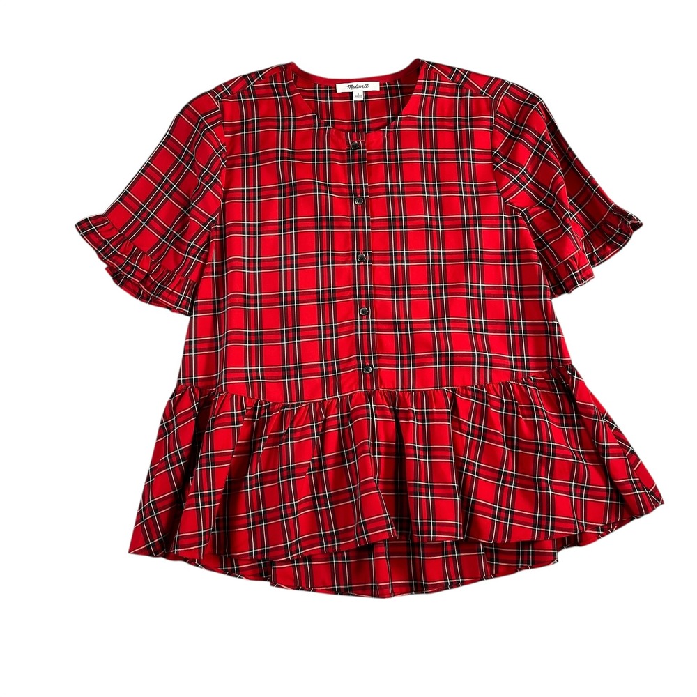 Madewell Women's Red/Black Studio Ruffle-Hem Top in Clanton Plaid Size Small